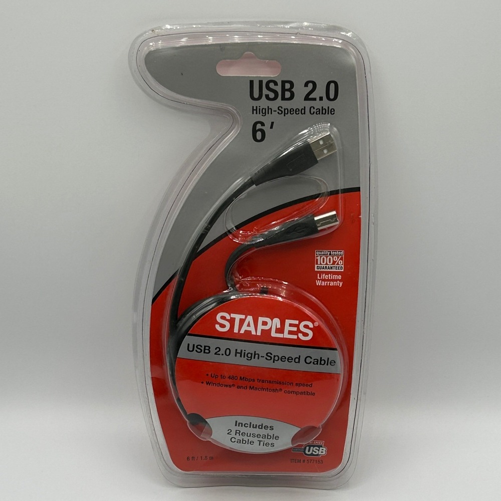 Staples USB 2.0 High-Speed Cable 6ft Windows Macintosh Compatibility 577153 NEW